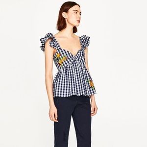 Zara Parrot Embroidered Navy Gingham smocked Top